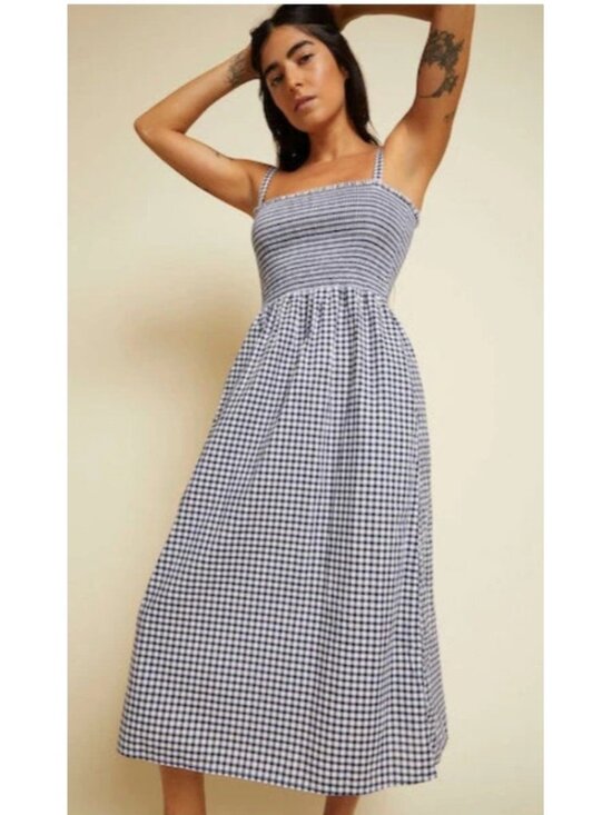 J.CREW Dresses & Skirts - J.Crew Re-Imagined Gingham Smocked Midi Dress Navy White Check Sundress Size M